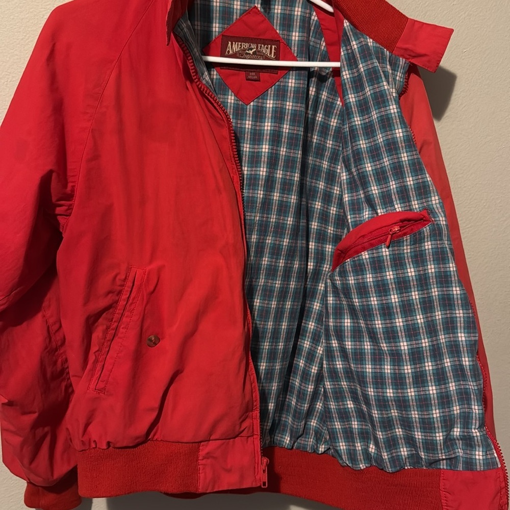 Vintage 80s American Eagle Barn Jacket Red Plaid Linging Pockets Zip FUC Flaw - Picture 5 of 16